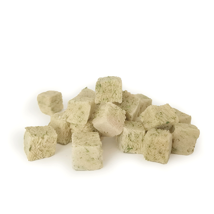 Freeze-dried cat grass and raw meat